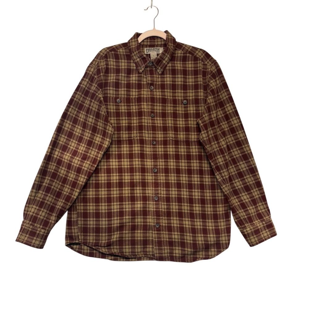 Duluth Trading Co Mens Large Trim Fit Plaid Flannel Shirt Burgundy Tan Cotton